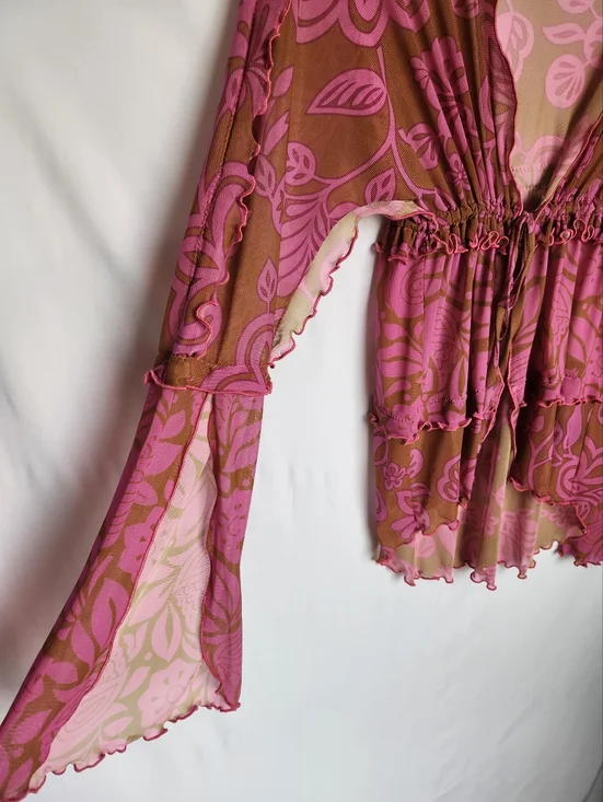 Ana Sui Pink And Tan Ruffled Mesh Open Top With Drawstring Size Small - Picture 3 of 8